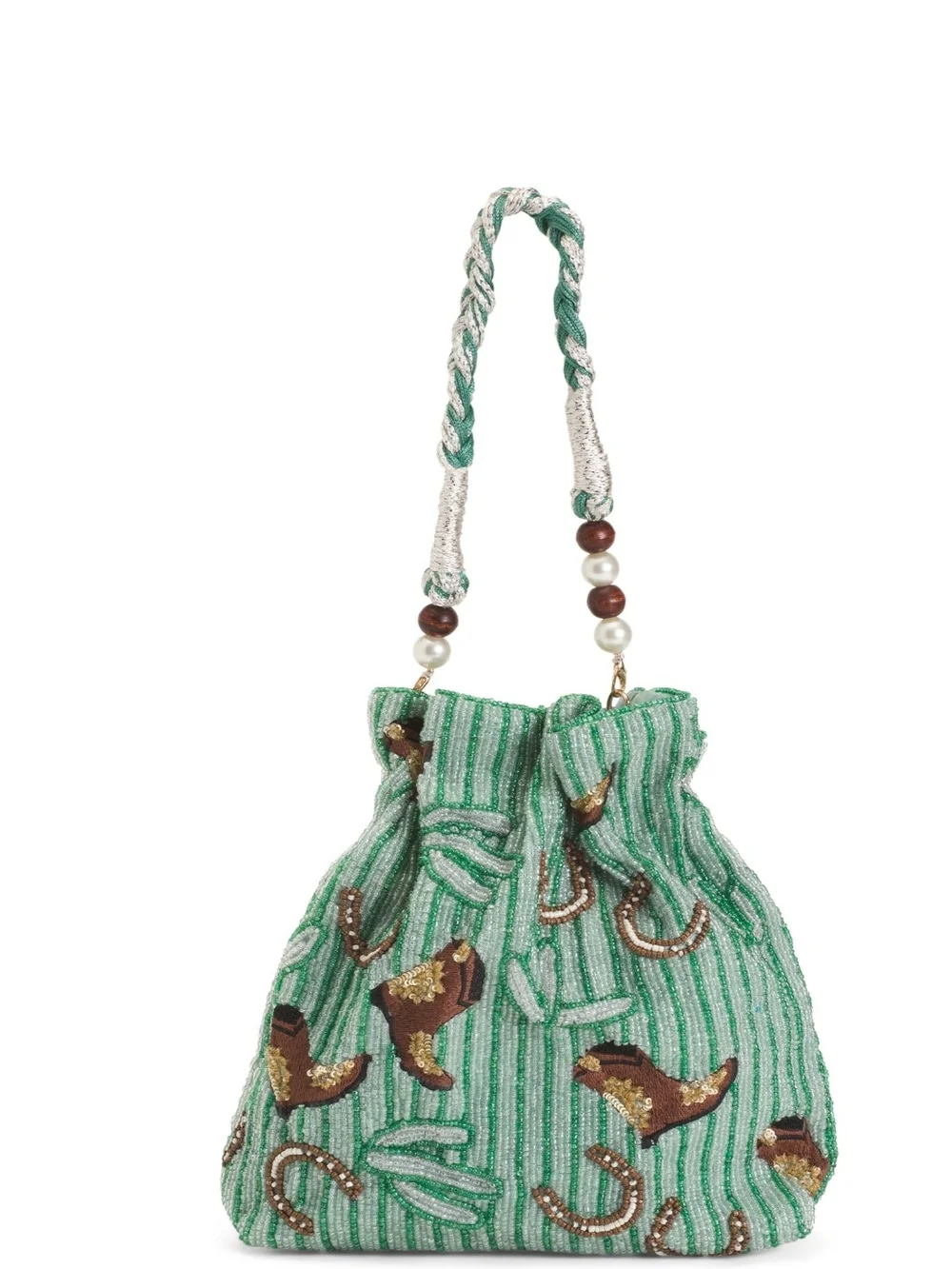 VIRAL Beaded Bag Striped Cowboy Cowgirl Boots Horseshoe Cactus Satchel Green
